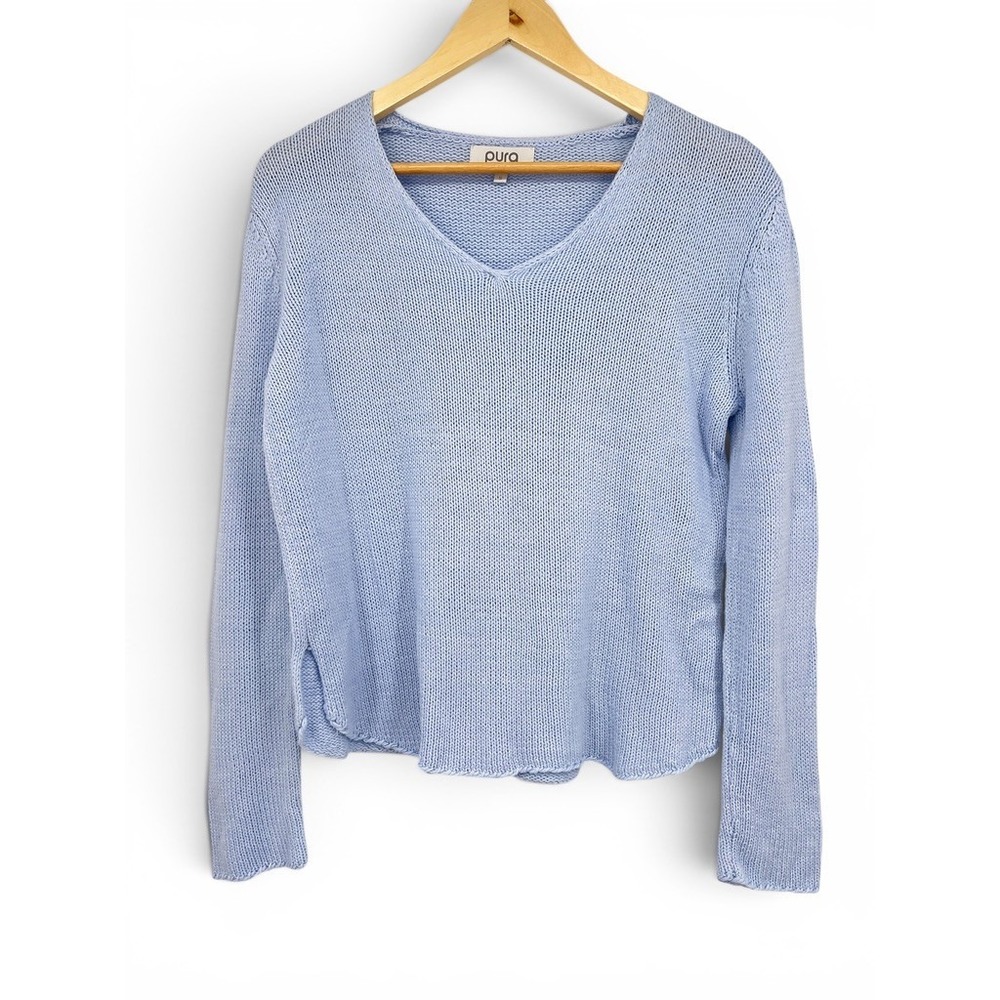 Pura‎ Cashmere Women Light Blue Scoop Cotton Blend Knit Pullover Sweater Small